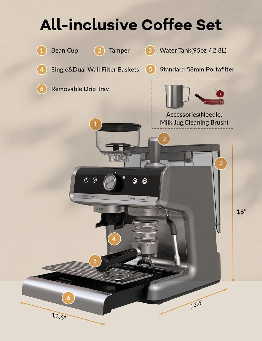 20 Bar 1450W Semi Automatic Espresso Maker with Grinder